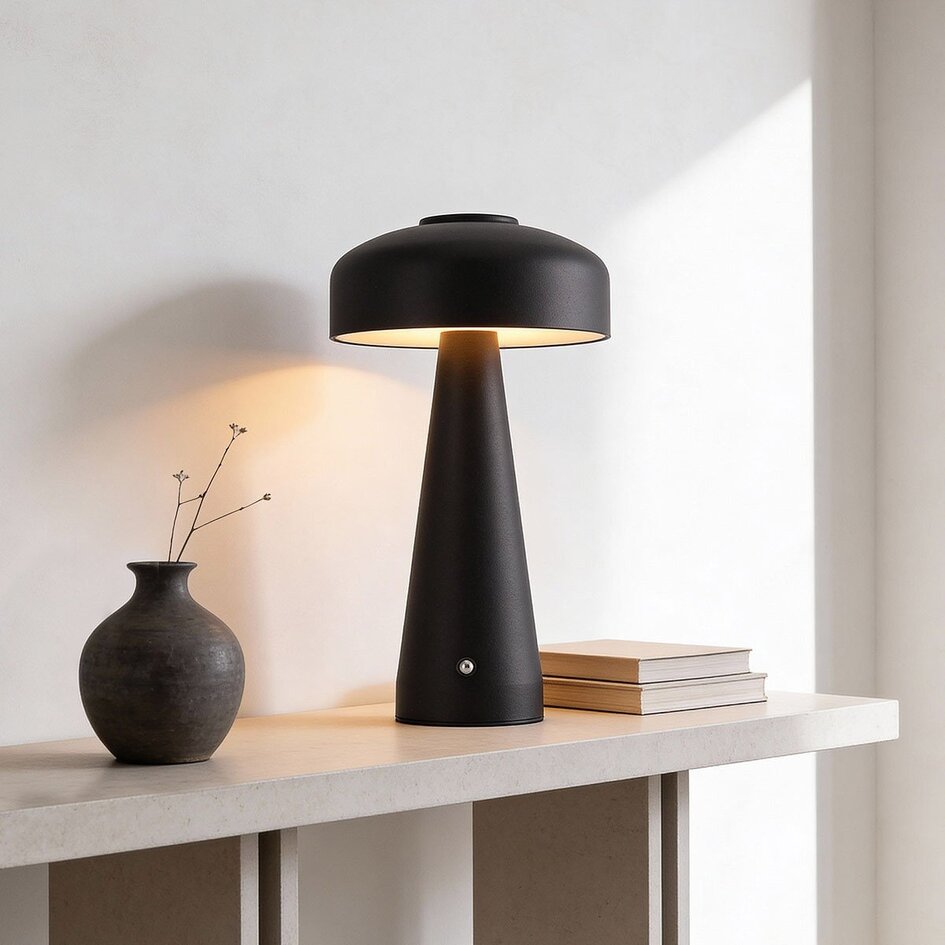 Lampe champignon rechargeable Soma noire avec variateur tactile et température de couleur réglable