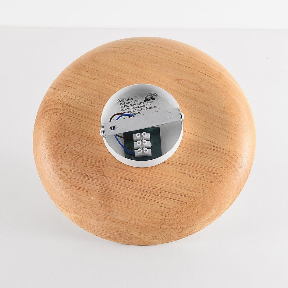 Plafonnier Ruvo en bois clair et boule de verre blanc laiteux