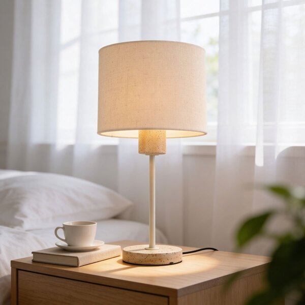 Tafellamp Aurea beige met linnen kap en travertin effect