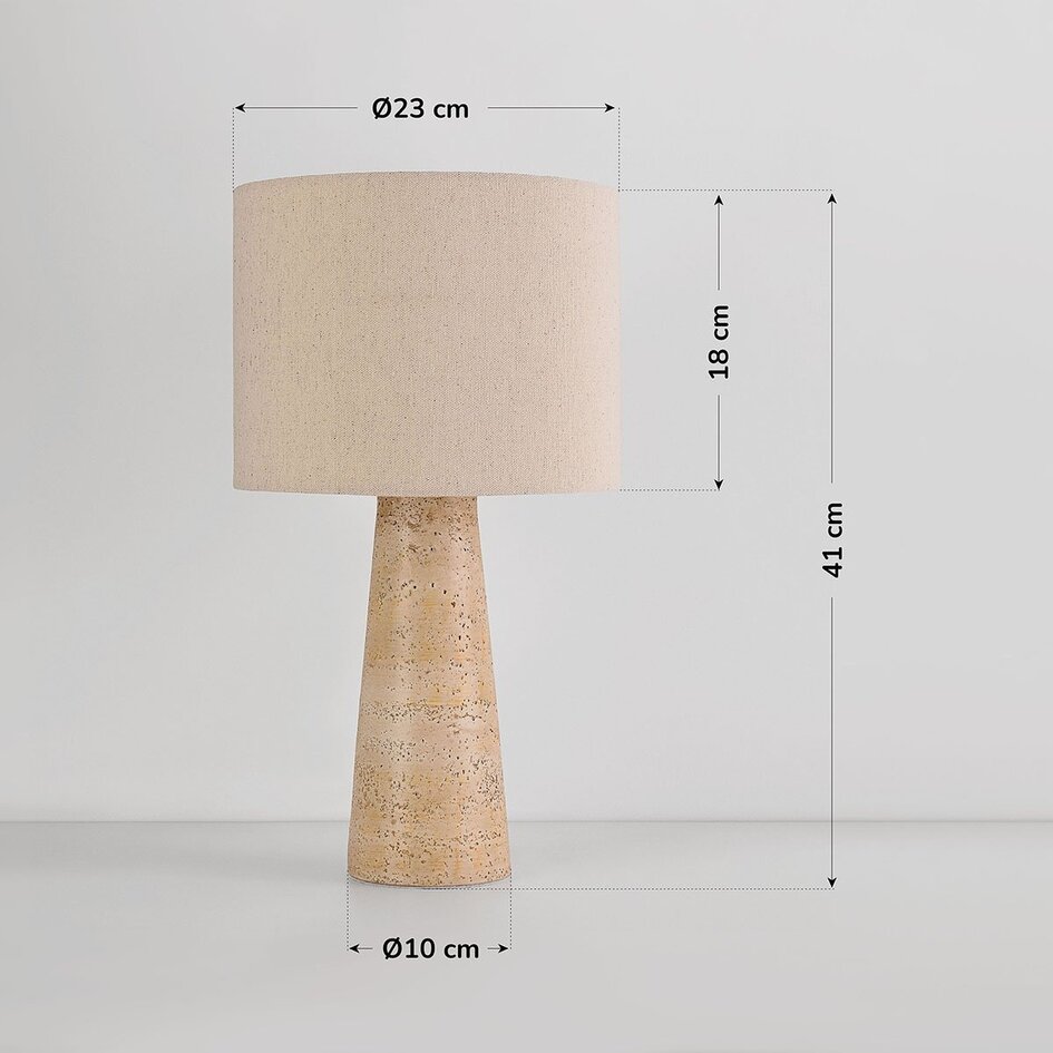 Lampe de table Verla avec abat-jour en lin et pied aspect travertin