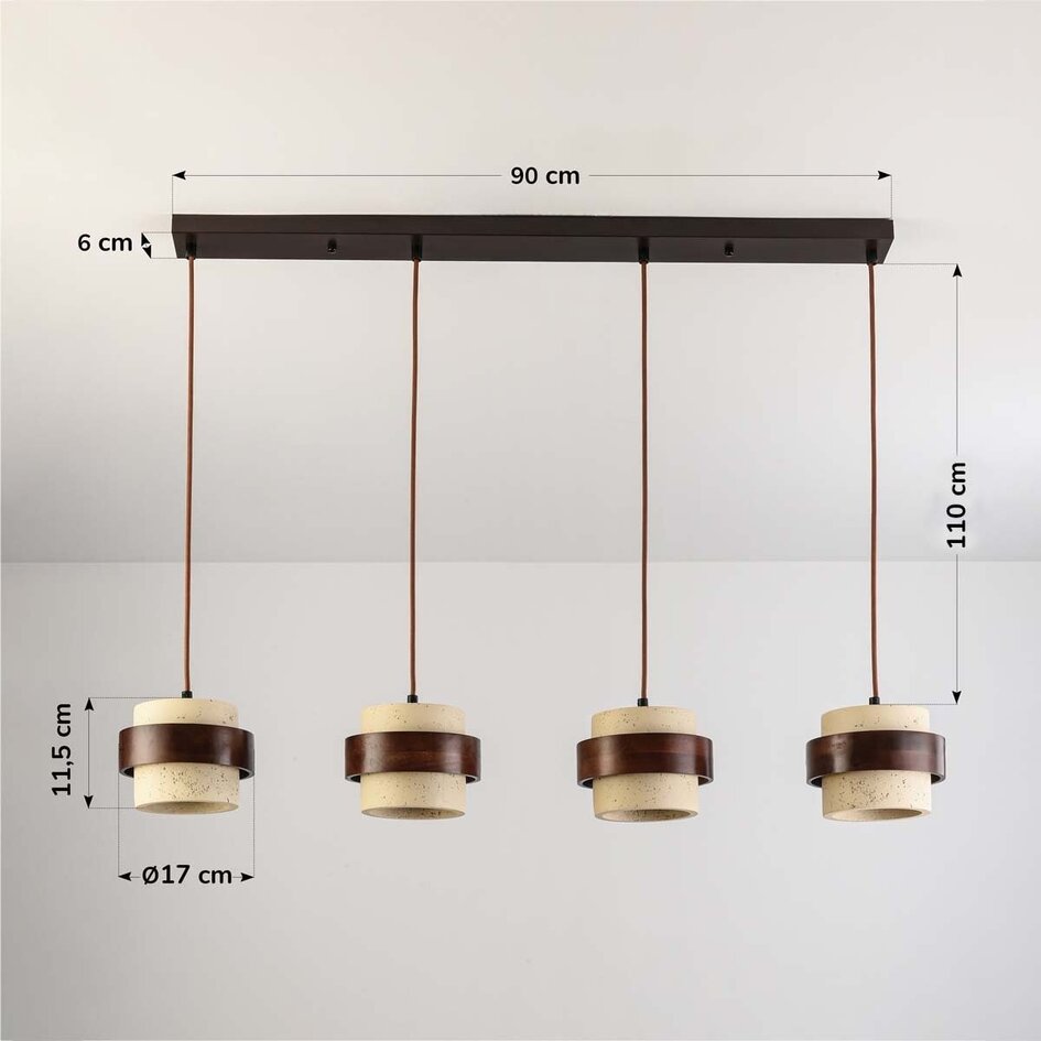 4-lichts hanglamp Mavero van cement en hout
