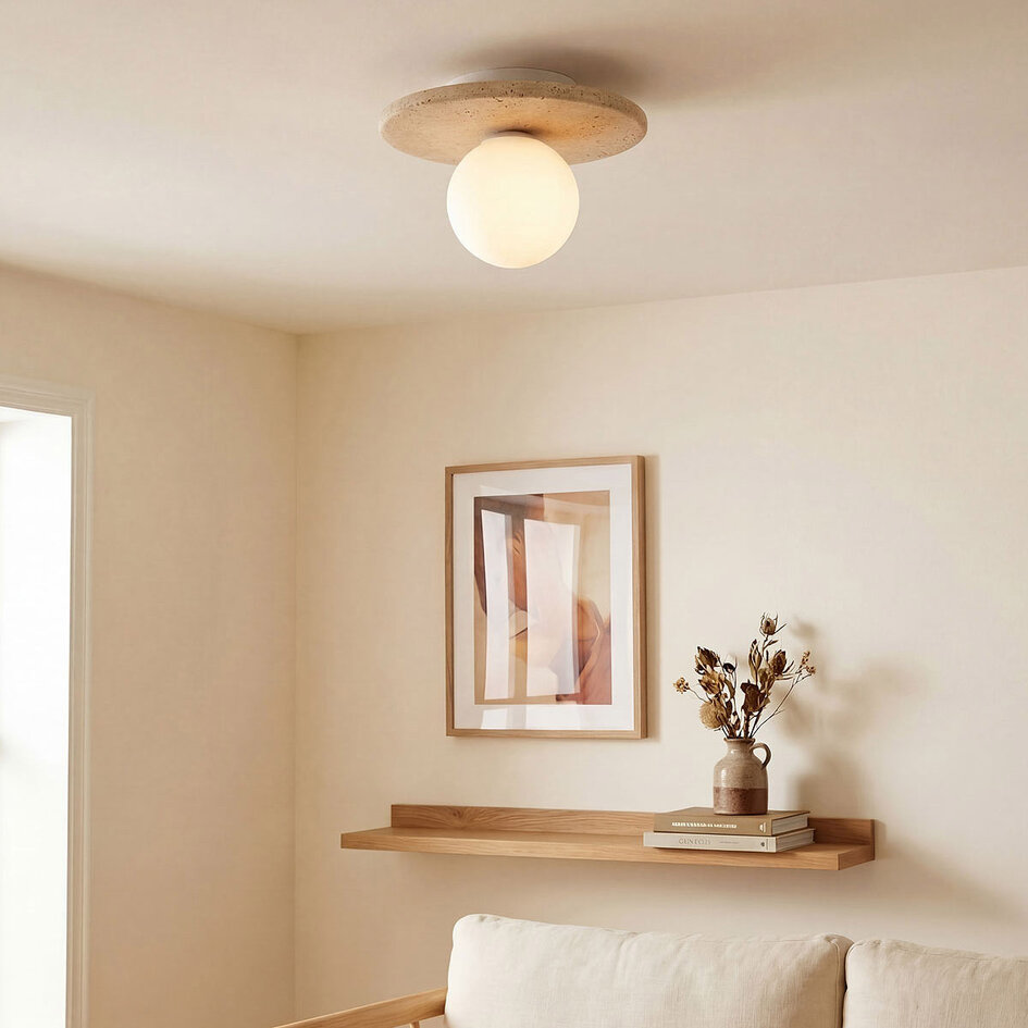 Plafonnier Cenno avec aspect travertin et verre blanc laiteux