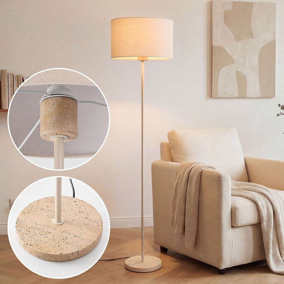 Vloerlamp Auras met beige linnen kap en travertin effect