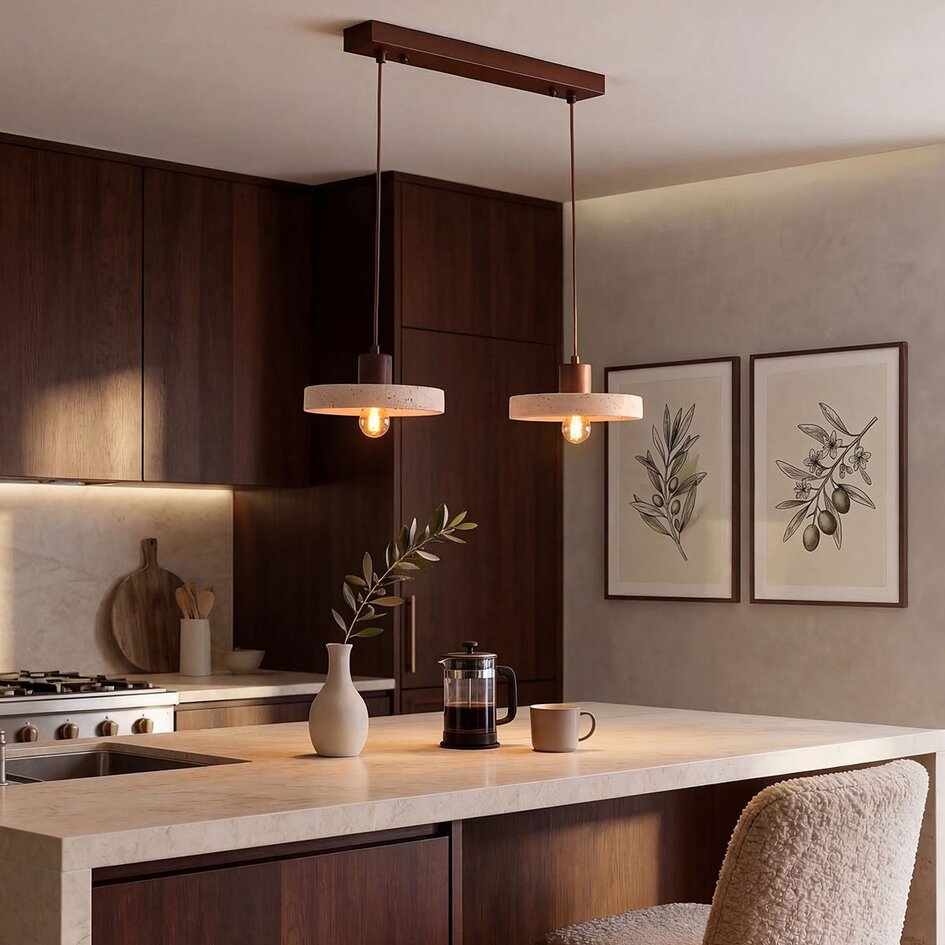 Japandi hanglamp Salvi 2-lichts van travertin (natuursteen) en hout