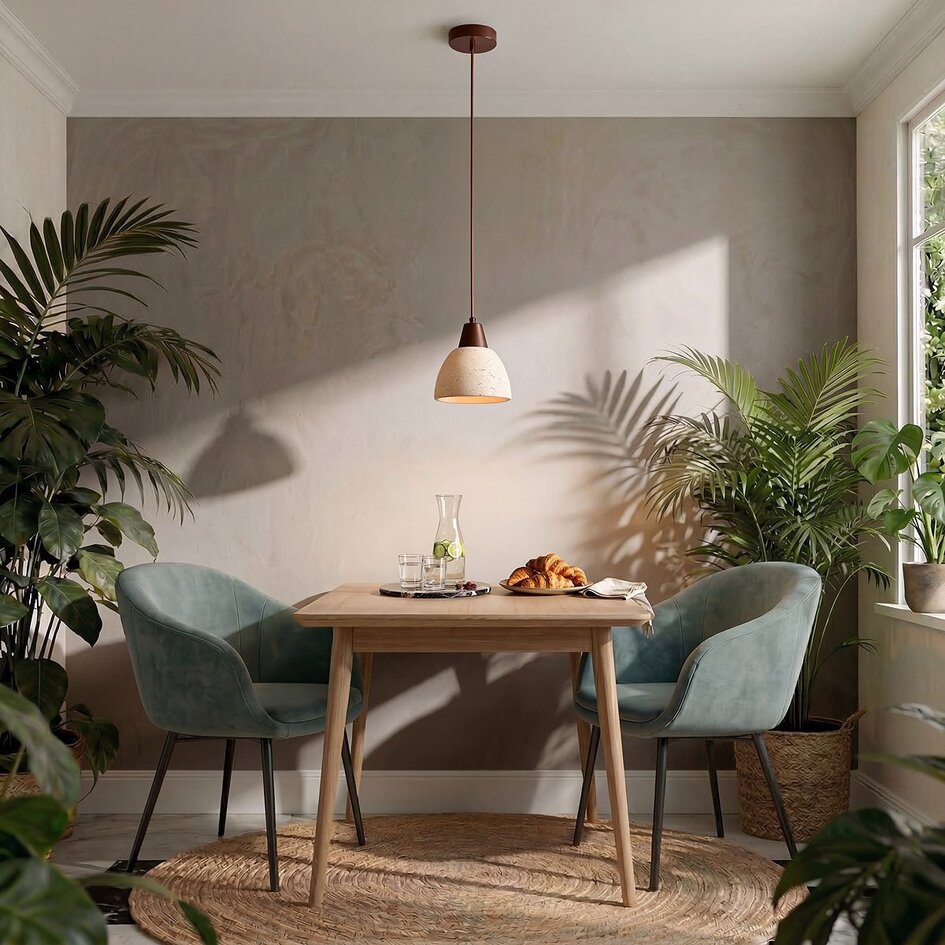 Japandi hanglamp Marena van travertin (natuursteen) en hout