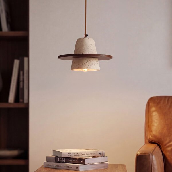 Hanglamp Caelio van travertin (natuursteen) met houten detail