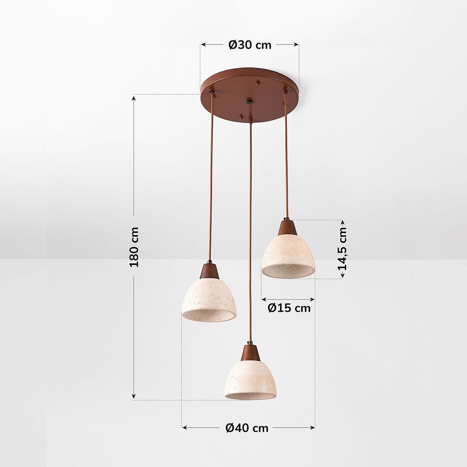 Suspension Japandi Marena à 3 lumières - travertin (pierre naturelle) et bois