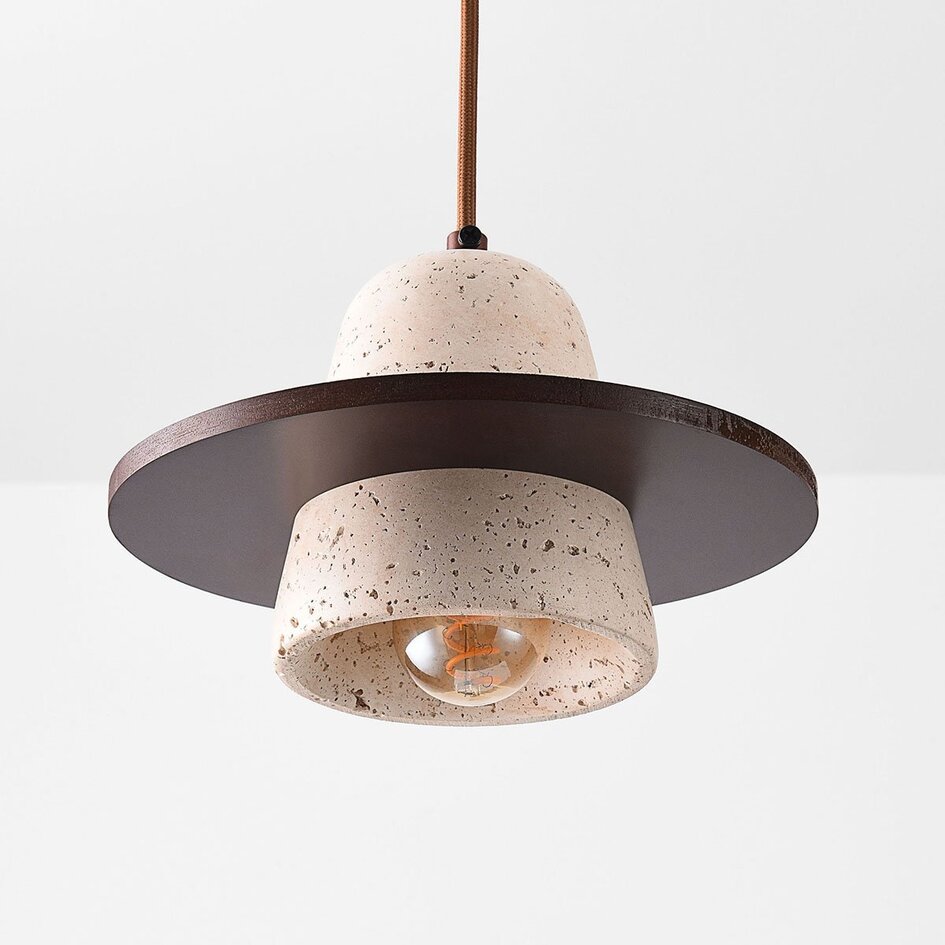 3-lichts Japandi hanglamp Caelio van travertin (natuursteen) met houten details