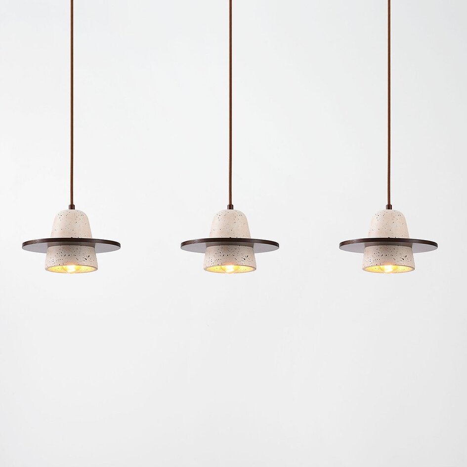 Suspension Japandi Caelio à 3 lumières en travertin (pierre naturelle) avec détails en bois