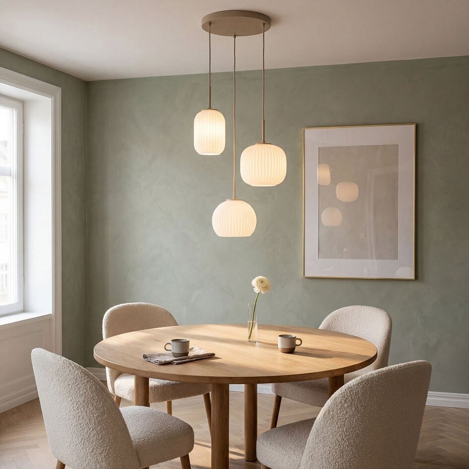 Hanglamp Serilda beige met 3 glazen kappen van geribbeld melkwit glas