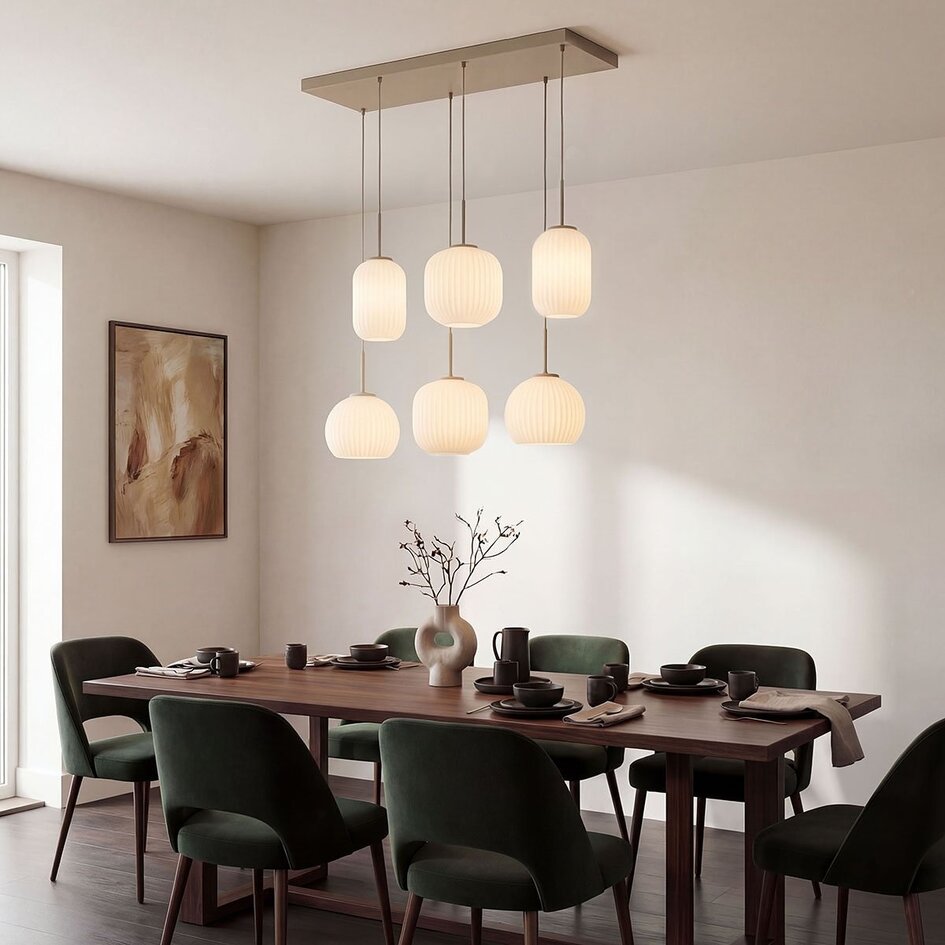 Moderne beige hanglamp Odalyn met 6 kappen van geribbeld melkwit glas