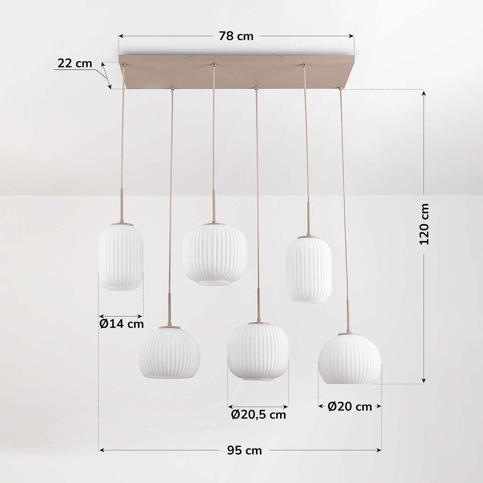 Moderne suspension beige Odalyn avec 6 abat-jours en verre blanc laiteux nervuré