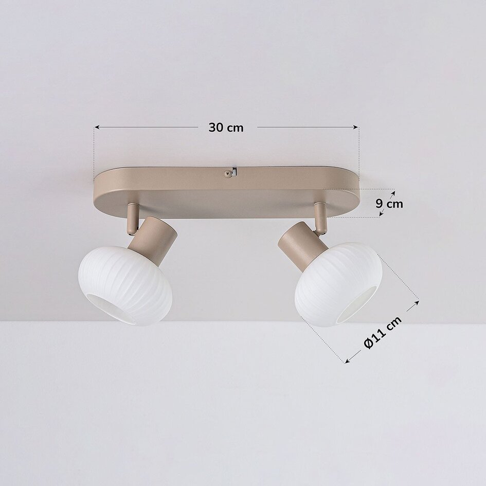 Beige plafondlamp Odelle met 2 verstelbare kappen van geribbeld glas