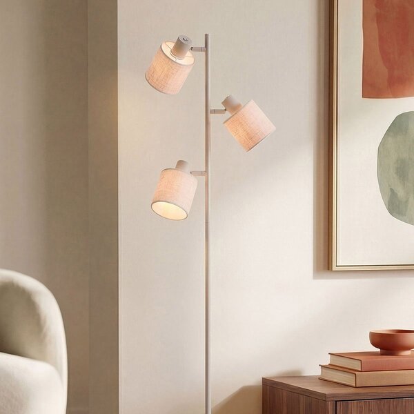 3-lichts beige vloerlamp Avane met verstelbare linnen kappen