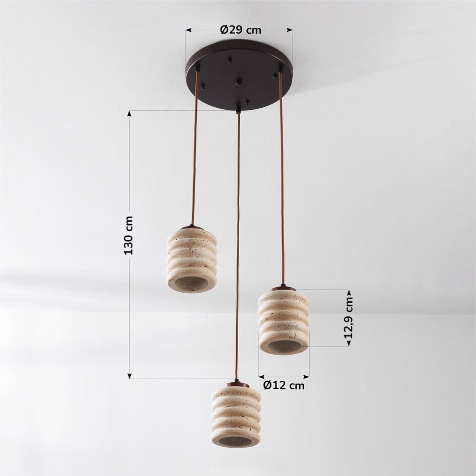 3-lichts cilinder hanglamp Alva van travertin (natuursteen)