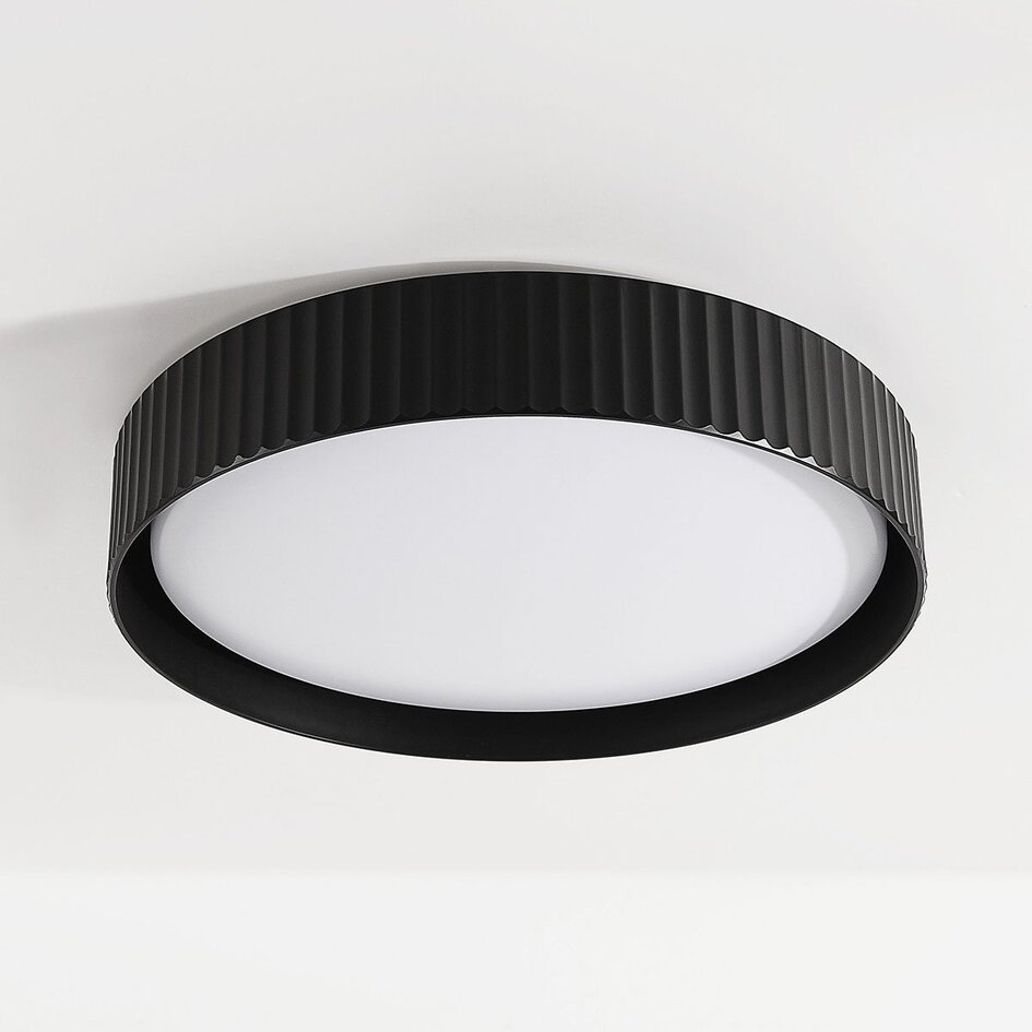 Moderne plafondlamp Palomo zwart met geribbelde rand en 3-staps dimbare LEDs