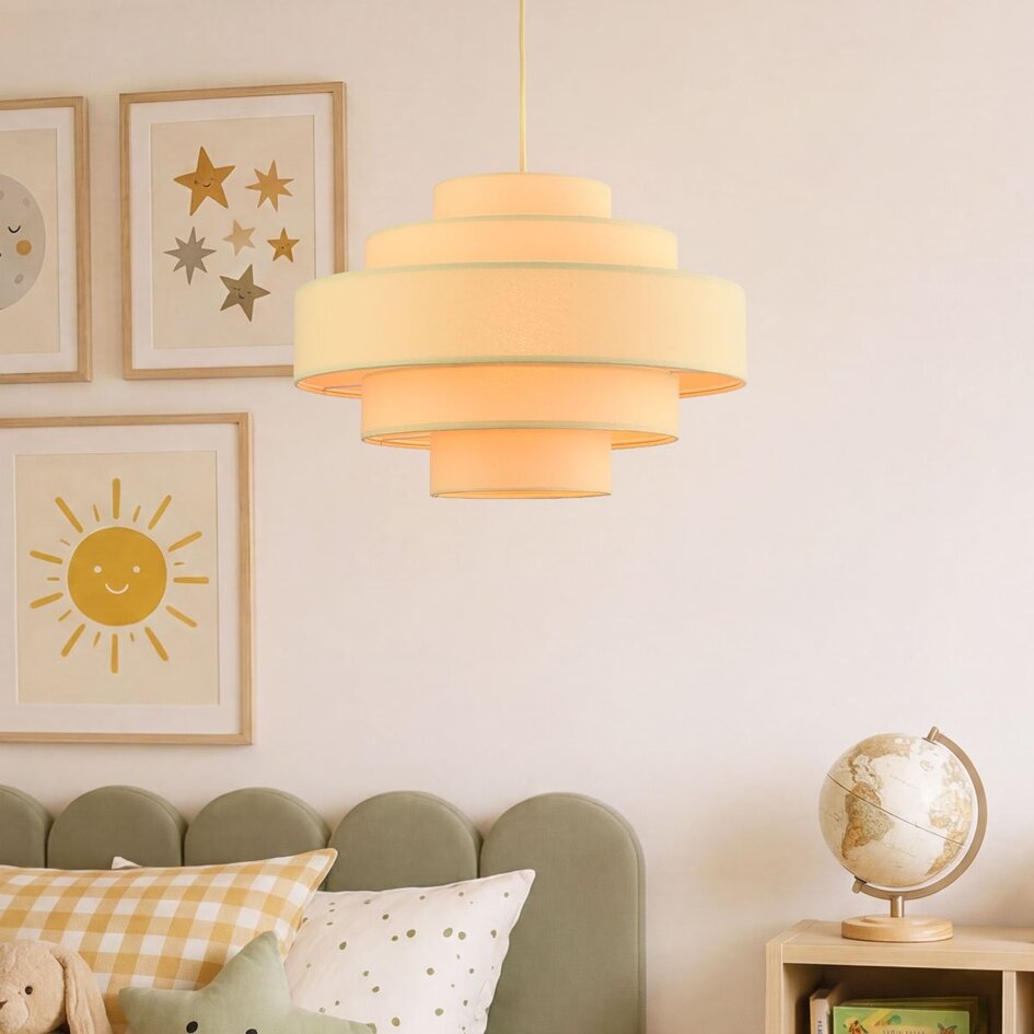 Suspension Zavon avec abat-jour en tissu superposé jaune pâle