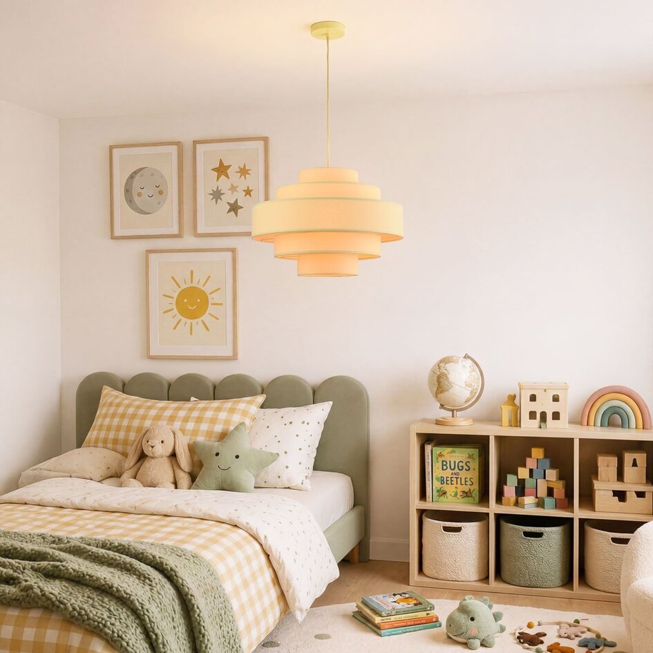 Hanglamp Zavon met gelaagde stoffen kap in zacht geel