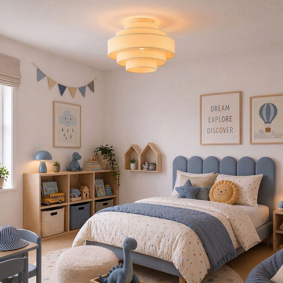 Plafonnier Mavro jaune pâle avec abat-jour en tissu superposé