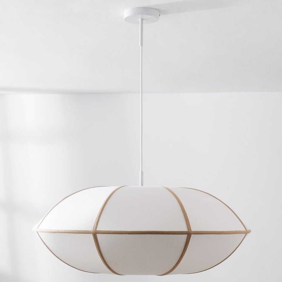 Suspension moderne Ovala avec abat-jour en lin beige et accents marron Ø60 cm
