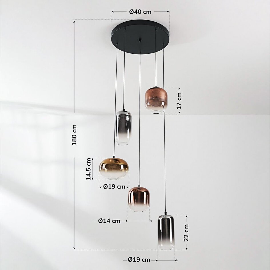 Suspension Kafei dimmable à 3 étapes avec LED et abat-jours en verre doré, fumé et cuivré