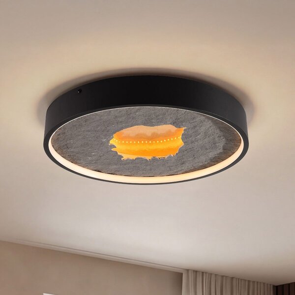 Plafonnier Cercul Ø40 cm - noir, effet pierre gris et feuille d'or, variateur à 3 niveaux