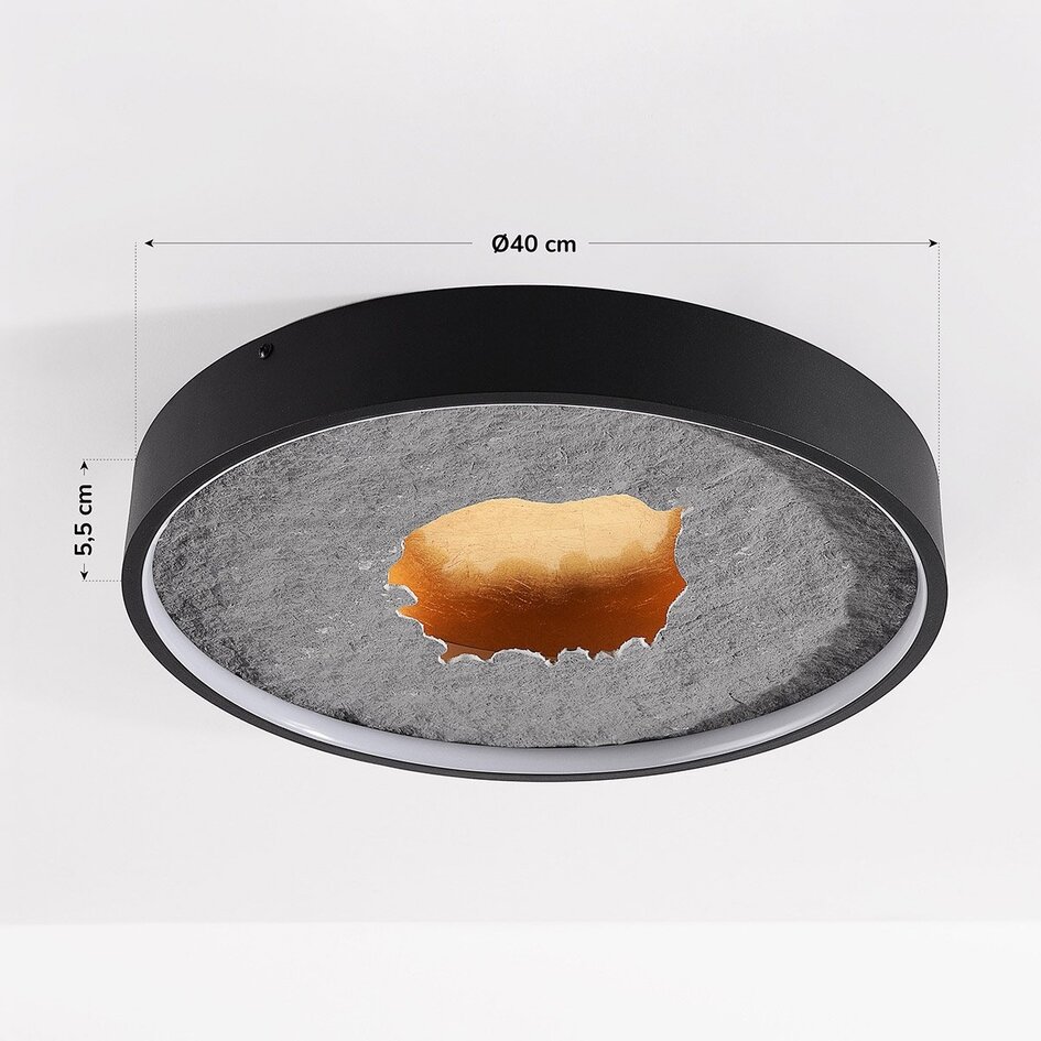 Plafonnier Cercul Ø40 cm noir avec effet pierre grise et effet feuille d'or – dimmable à 3 étapes