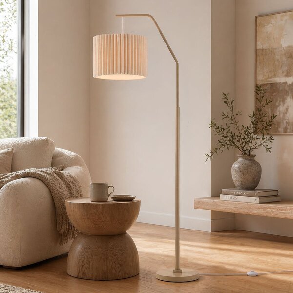 Lampadaire courbé Pedro à abat-jour plissé beige sable