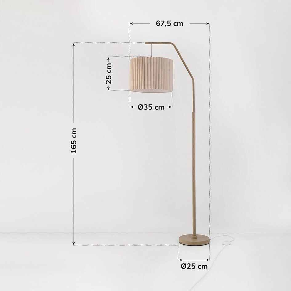 Gebogen vloerlamp Pedro met geplooide kap in zandbeige