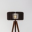 Vloerlamp Oakly met metalen driepoot en houten kap in walnootlook