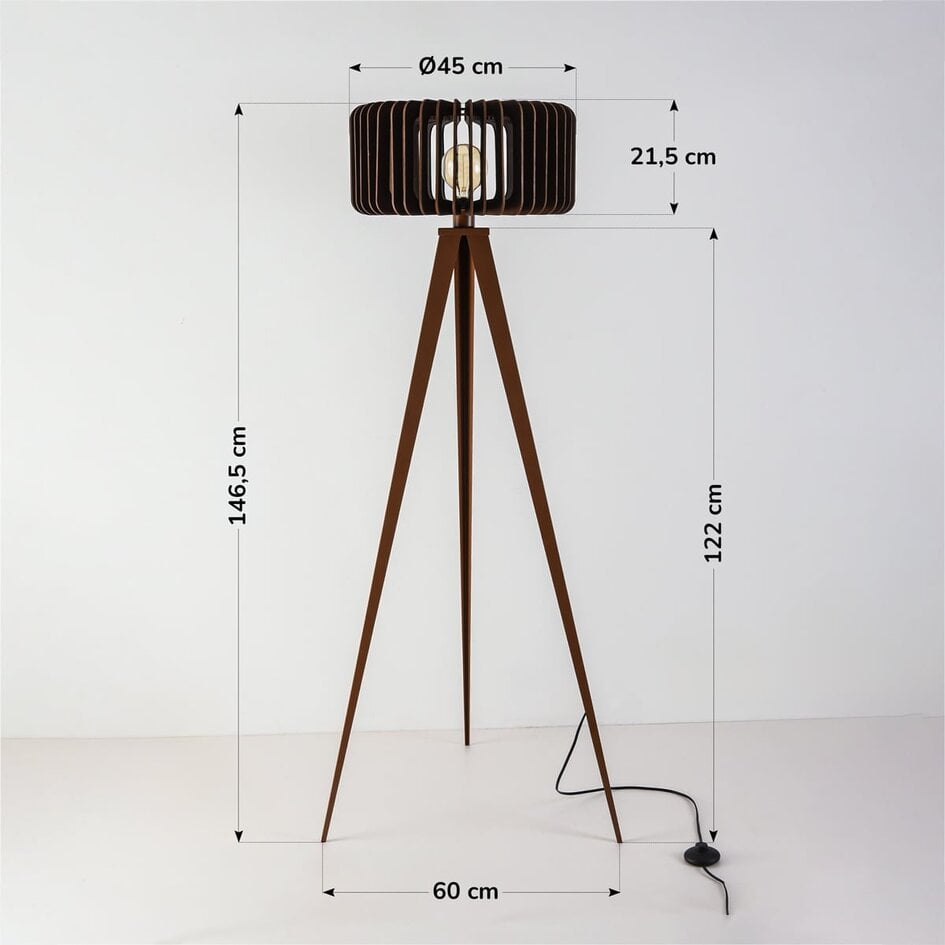 Vloerlamp Oakly met metalen driepoot en houten kap in walnootlook