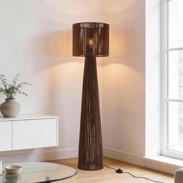 Vloerlamp Anori van gevlochten papiertouw in donkerbruin