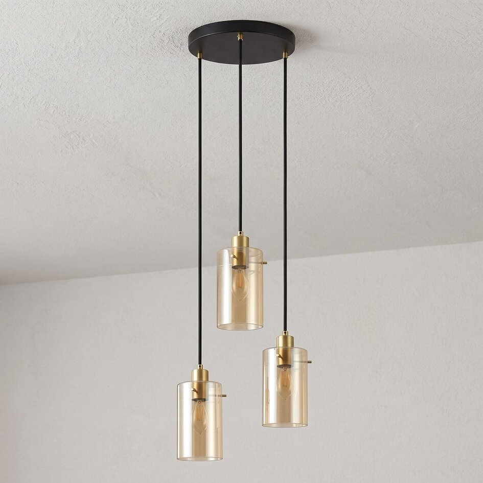 Moderne mat zwarte met zand gouden hanglamp met amberkleurig  glas 3-lichts - Arlington