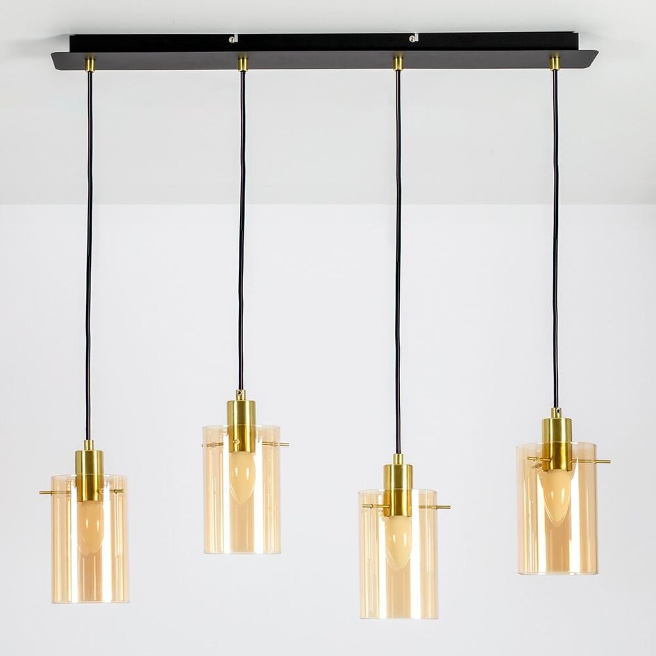 Industriële mat zwarte en  zand gouden hanglamp met amberkleurig glas  4-lichts  - Tuscon