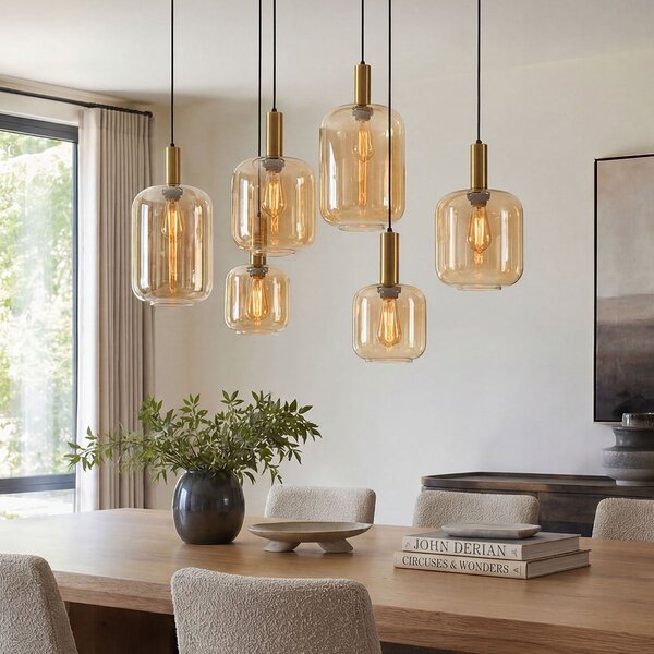 Suspension 6 lumières Sei - verre ambré avec or