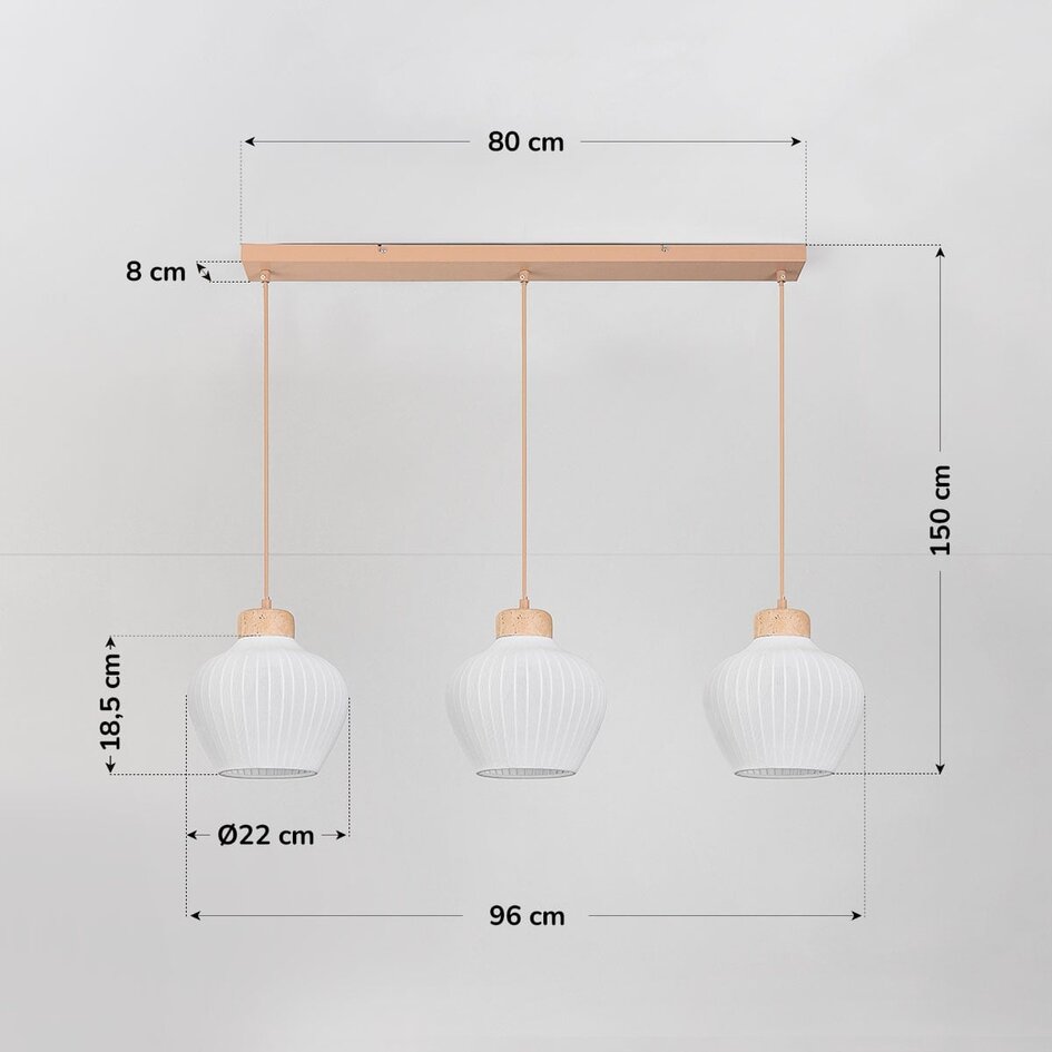 3-lichts hanglamp Carru met stoffen kappen en travertin (natuursteen)