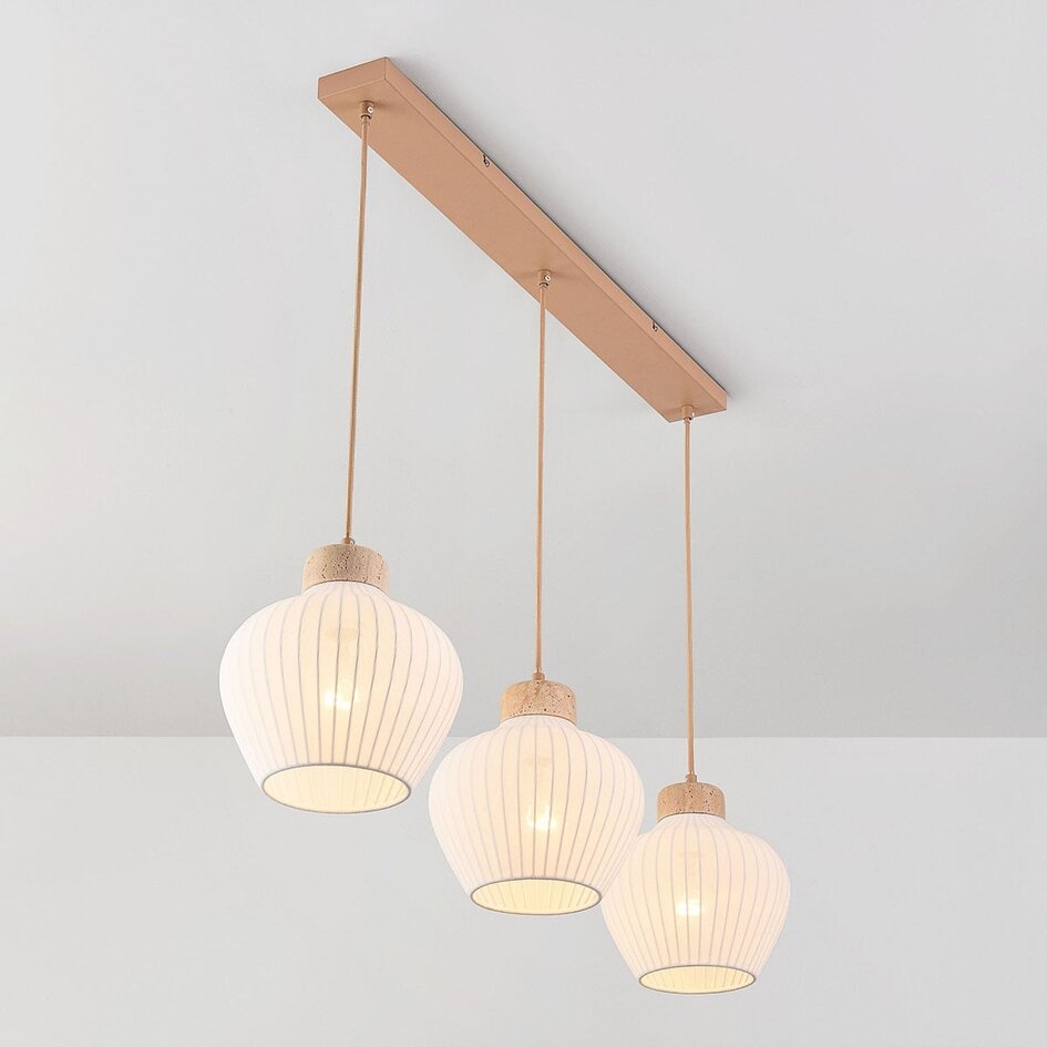3-lichts hanglamp Carru met stoffen kappen en travertin (natuursteen)