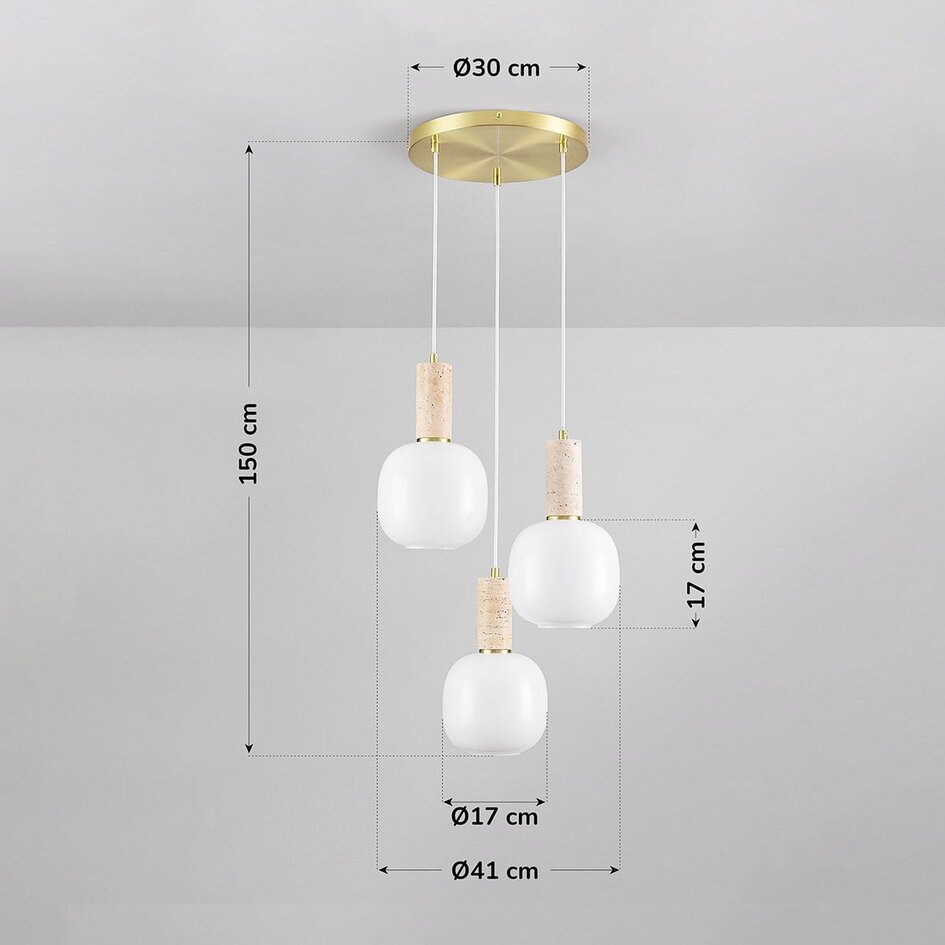 Suspension 3 lumières Vesso avec abat-jours en verre blanc laiteux et travertin