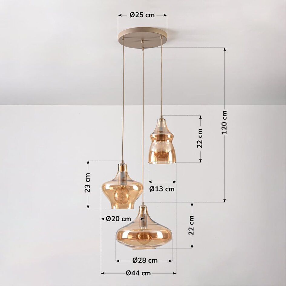 Suspension 3 lumières Trinidad avec verre ambré - beige