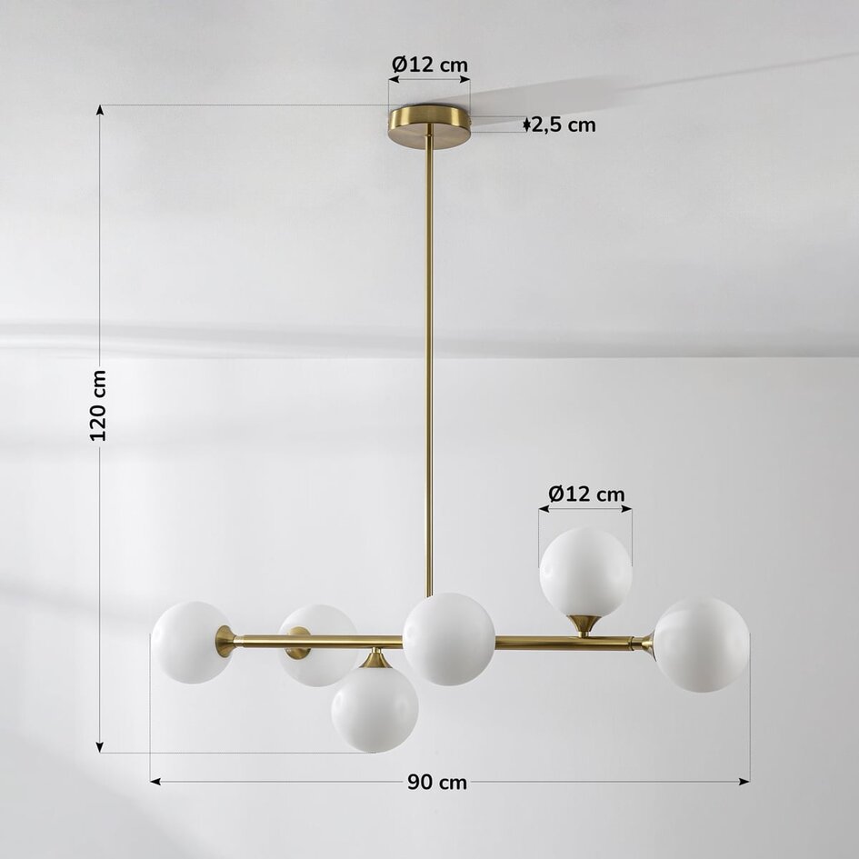 Suspension design dorée avec verre blanc laiteux, 6 lumières - Aster