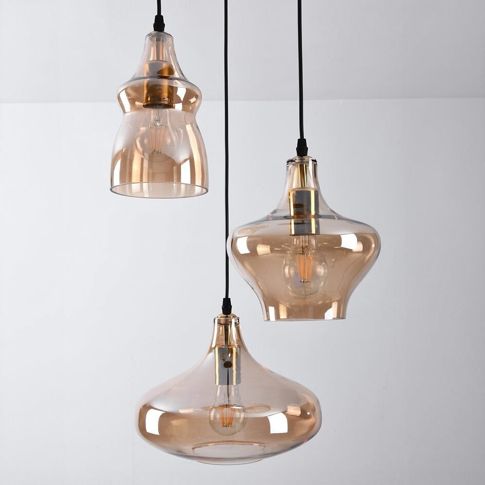 Suspension industrielle avec 3 lumières en verre ambré  - Trinidad
