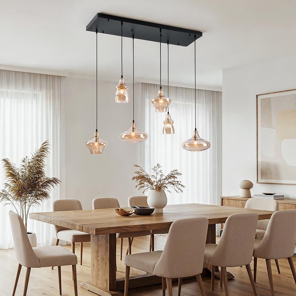 6-lichts design hanglamp Trinidad zwart met amber glas