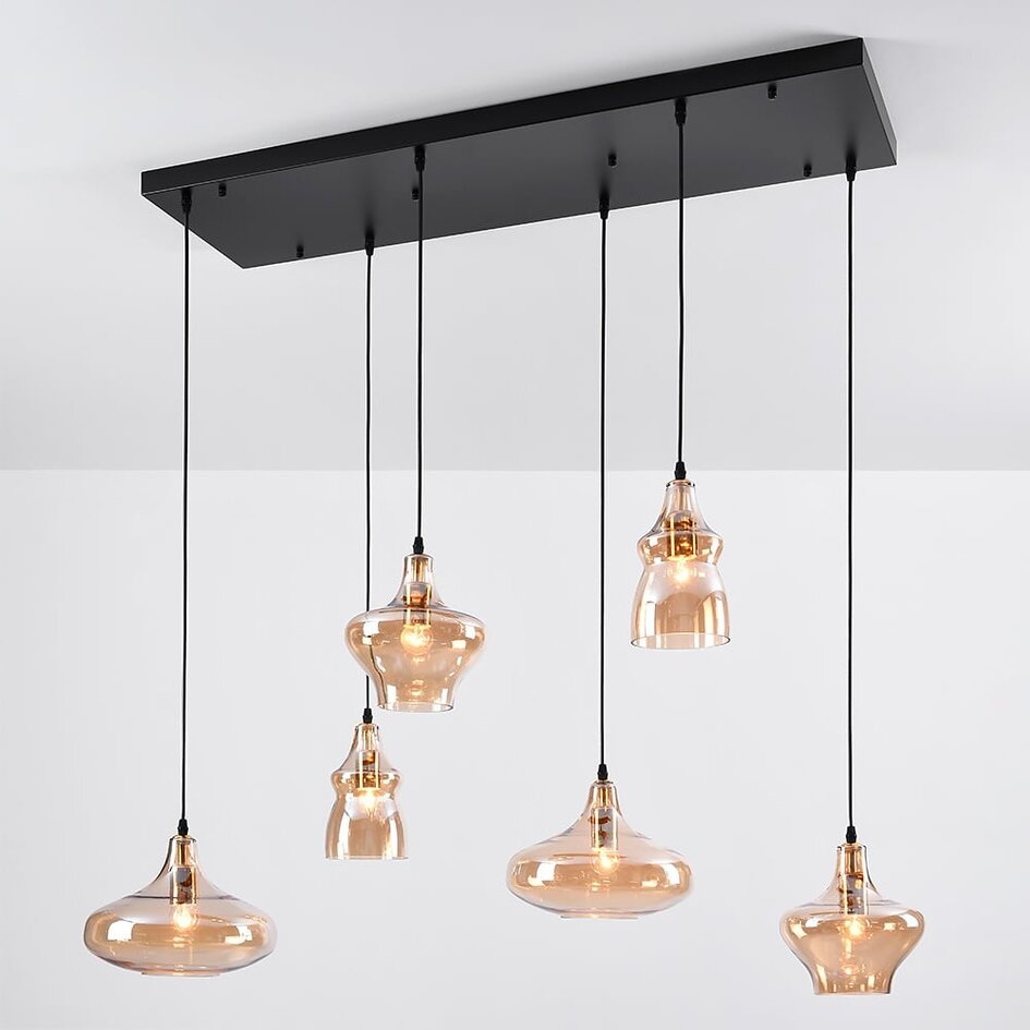 6-lichts design hanglamp Trinidad zwart met amber glas