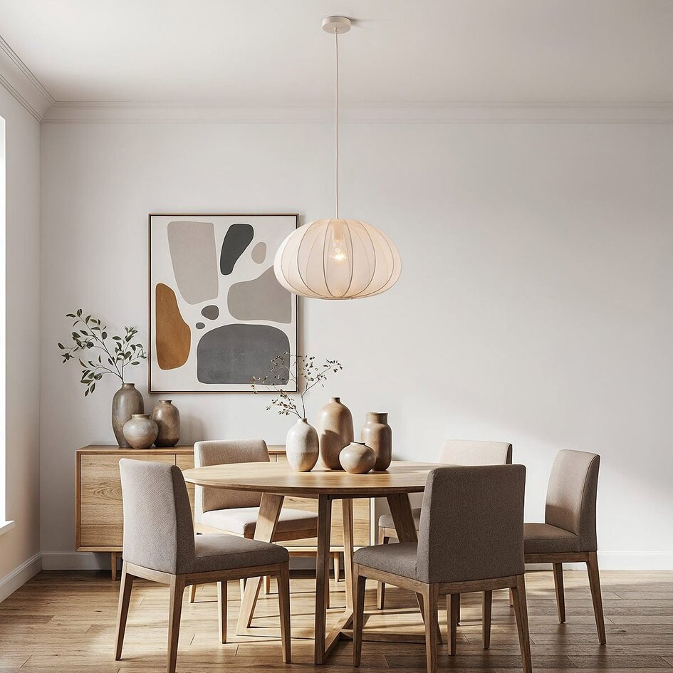 Japandi hanglamp Ecruva met ronde kap van stof Ø50 cm - warm beige met roze ondertoon