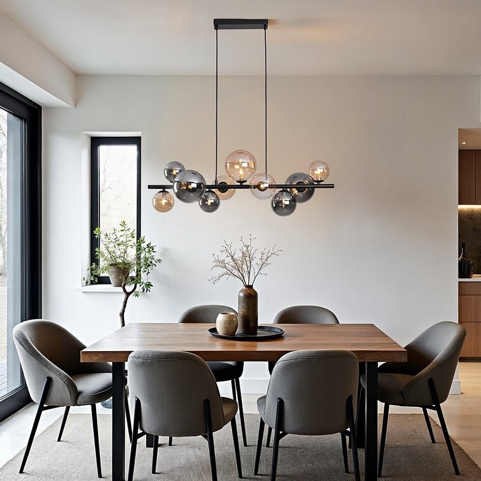 Design hanglamp Deka zwart met amber en smoke glas, 10-lichts