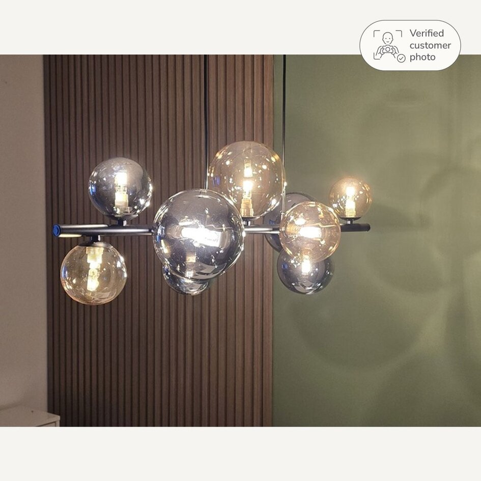 Design hanglamp Deka zwart met amber en smoke glas, 10-lichts