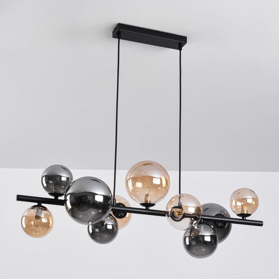 Design hanglamp Deka zwart met amber en smoke glas, 10-lichts