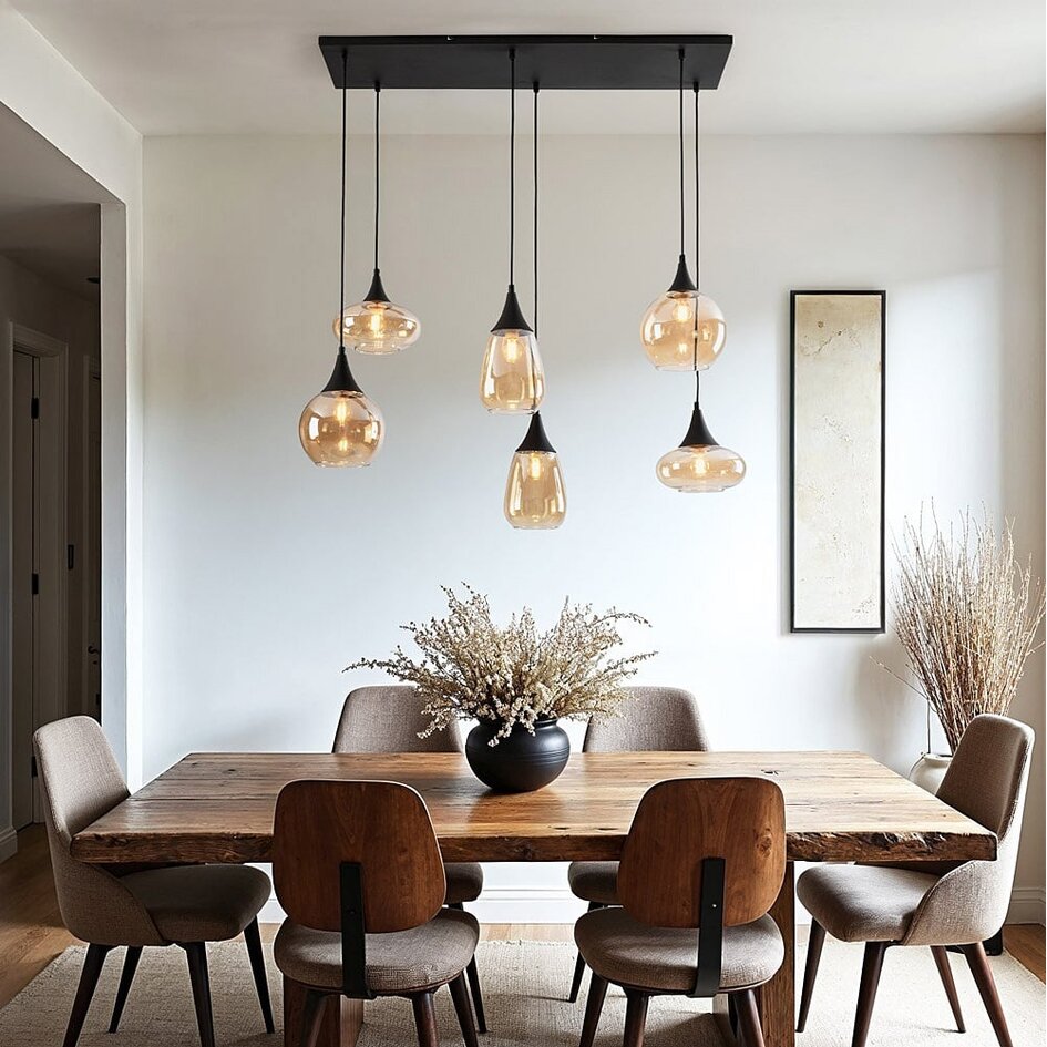 Zwarte hanglamp Loic met amber glas, 6-lichts