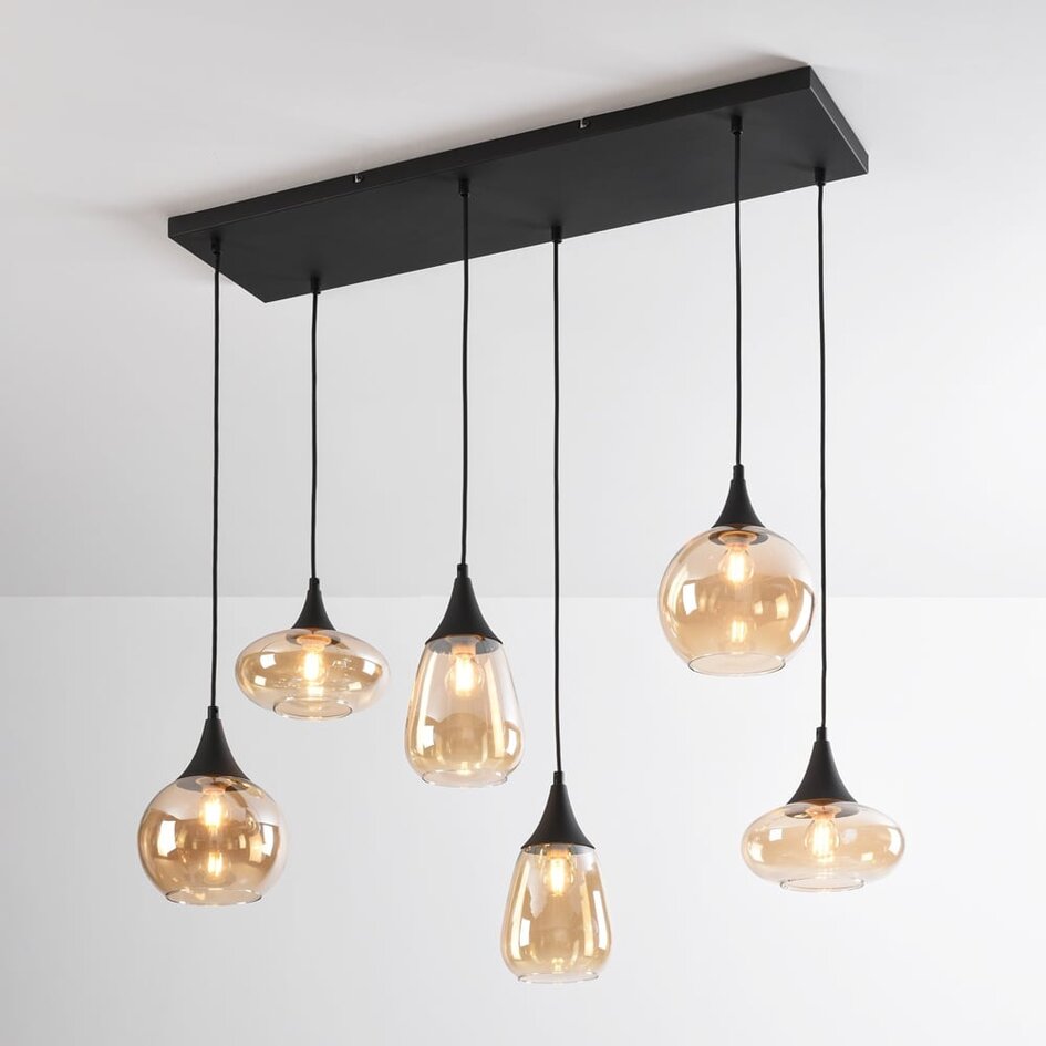 Zwarte hanglamp Loic met amber glas, 6-lichts