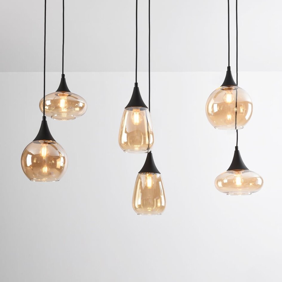 Zwarte hanglamp Loic met amber glas, 6-lichts